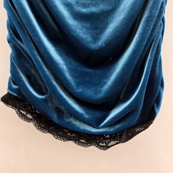 Vintage Frederick's Of Hollywood Bodycon Dress Peacock Blue Stretch Velvet Lace - Picture 7 of 11